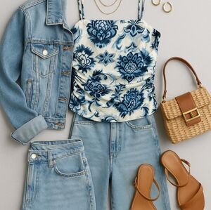 ZARA Blue Paisley Ruched Cami Top | Work to Weekend Statement Piece | Size M